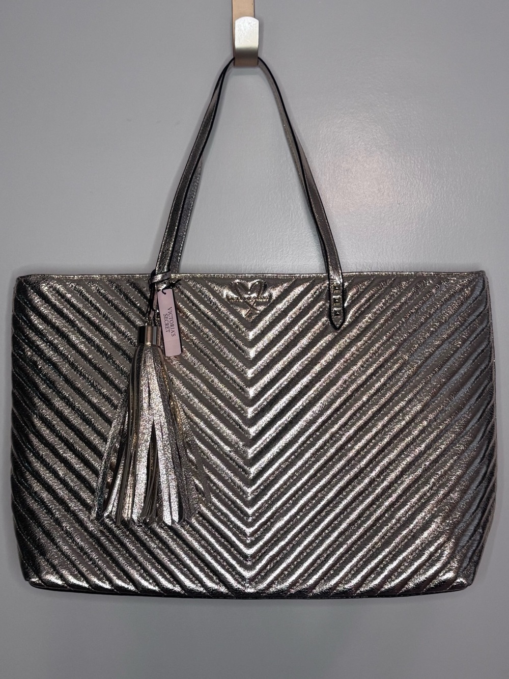 Victoria’s Secret Large Metallic Chevron Tote Bag with Fringe Tassel - Gold
